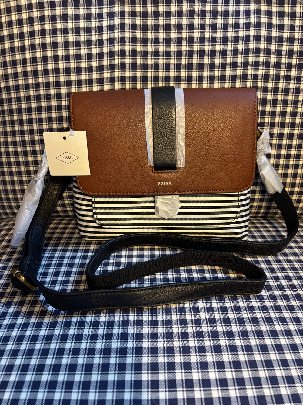 Fossil Brown Leather & Black-Striped Crossbody Bag